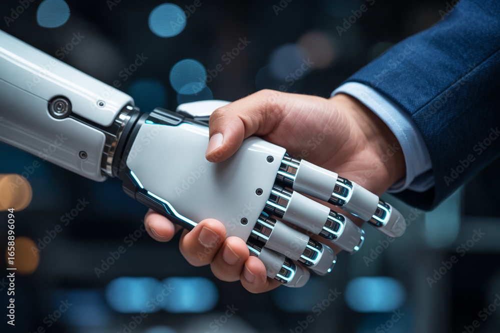 Aufkleber robotics and artificial intelligence concept of handshake between human and robot for future technol