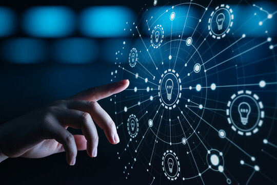 Innovative technology solutions concept connecting ideas with digital transformation era network 100