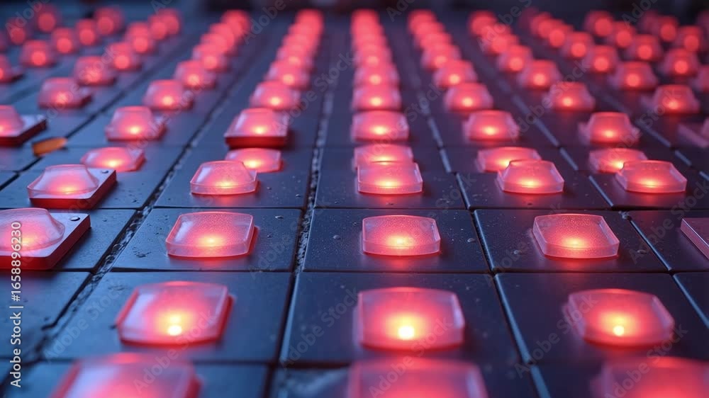 Poster dynamic glowing red led array pulsing in rhythmic motion, modern technology background with vibrant 