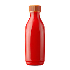 A sleek red bottle with a ribbed orange cap against a black background The bottle's glossy surface reflects light creating highlights