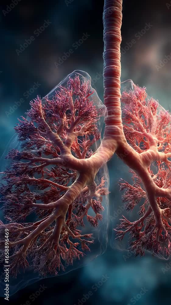 Poster digital rendering of respiratory bronchioles constricted amid swirling haze particles emphasizing br