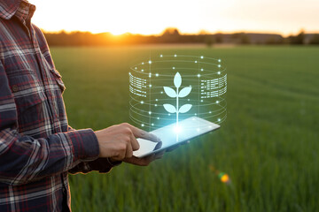 Smart agriculture technology farmer using tablet for crop monitoring and data analysis in field view 100
