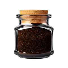 Rustic glass jar filled with ground coffee and sealed with a cork stopper set against a black background perfect for product showcasing
