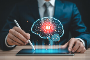 Artificial intelligence ai concept businessman using tablet with brain graphic technology design