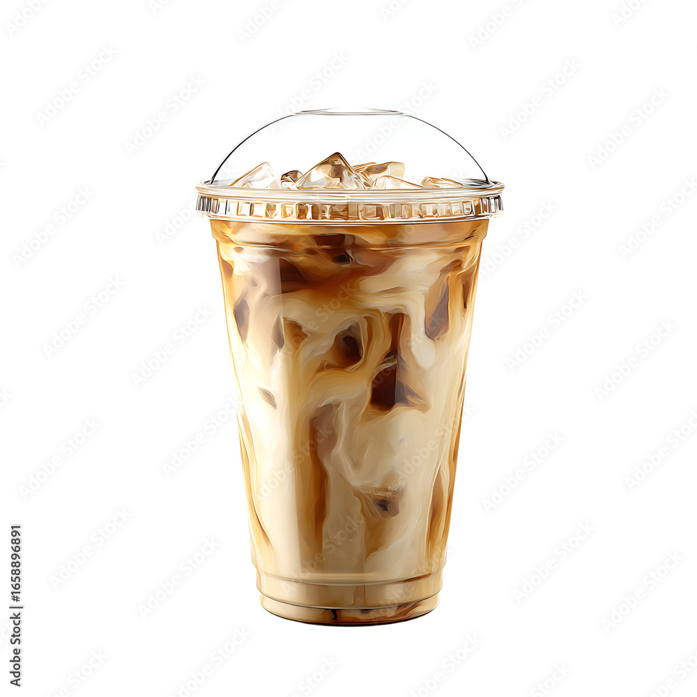 Poster iced latte in a clear cup with a dome lid showcasing swirling caramel and cream against a dark backd