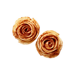 Fototapeta premium Two Cinnamon Apple Rose Pastry Decorations on Black Background