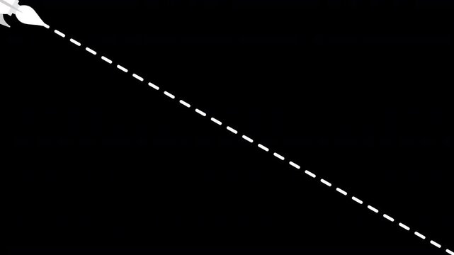 rocket launch on dash line from bottom right to top left. Dashed line route animation on black background 4k video