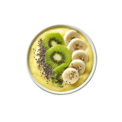 Top View of Delicious Mango Smoothie Bowl with Kiwi and Banana Slices, Garnished with Chia Seeds