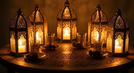 Glowing Ramadan Lanterns on Wooden Table