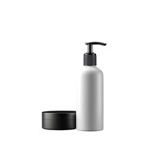 Obraz premium Sleek modern skincare set featuring a white pump bottle and black jar, perfect for beauty product branding and cosmetic advertising campaigns.