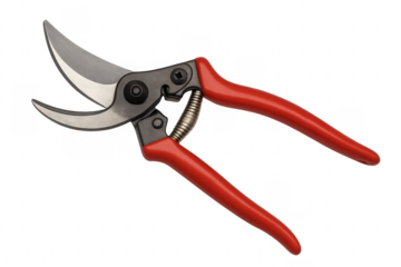 Gardening secateurs with red handles on transparent background