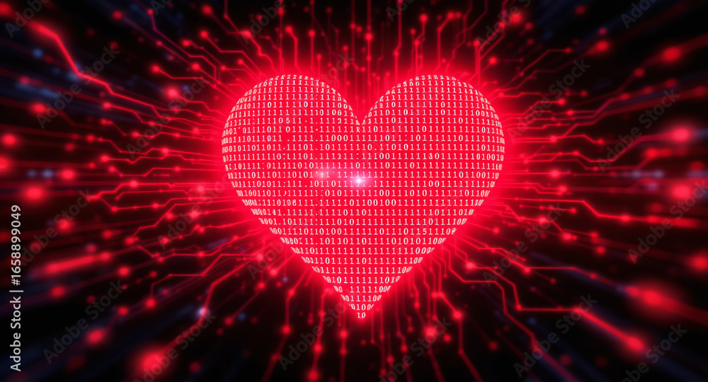 Aufkleber glowing digital heart made of red code streams, binary data. futuristic, abstract design represents 