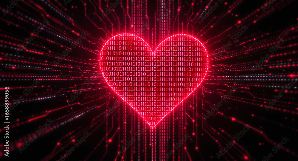 Aufkleber glowing digital heart made of red code streams, binary data. futuristic, abstract design represents 