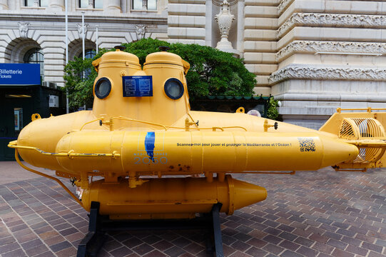 MONACO - July 30, 2025 : Yellow mini-submarine Anorep 1 in front of Oceanographic Museum. This was used by Jacques Cousteau