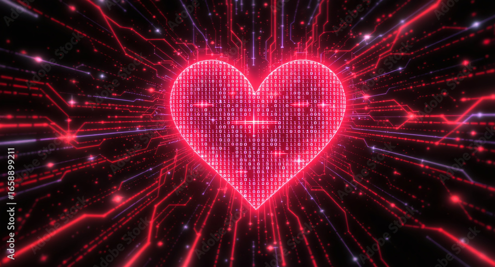 Poster glowing digital heart made of red code streams, binary data. futuristic, abstract design represents 