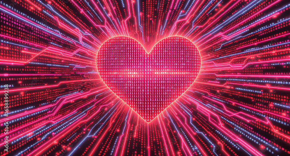 Poster glowing digital heart made of red code streams, binary data. futuristic, abstract design represents 
