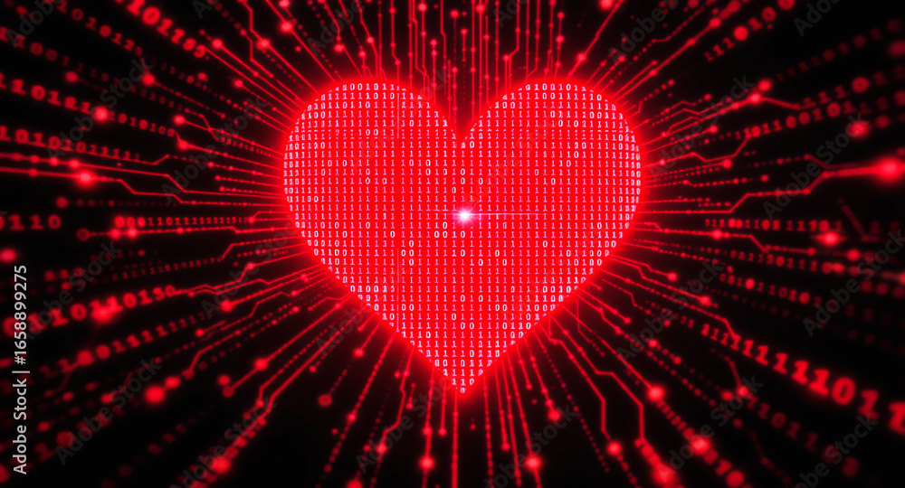 Poster glowing digital heart made of red code streams, binary data. futuristic, abstract design represents 
