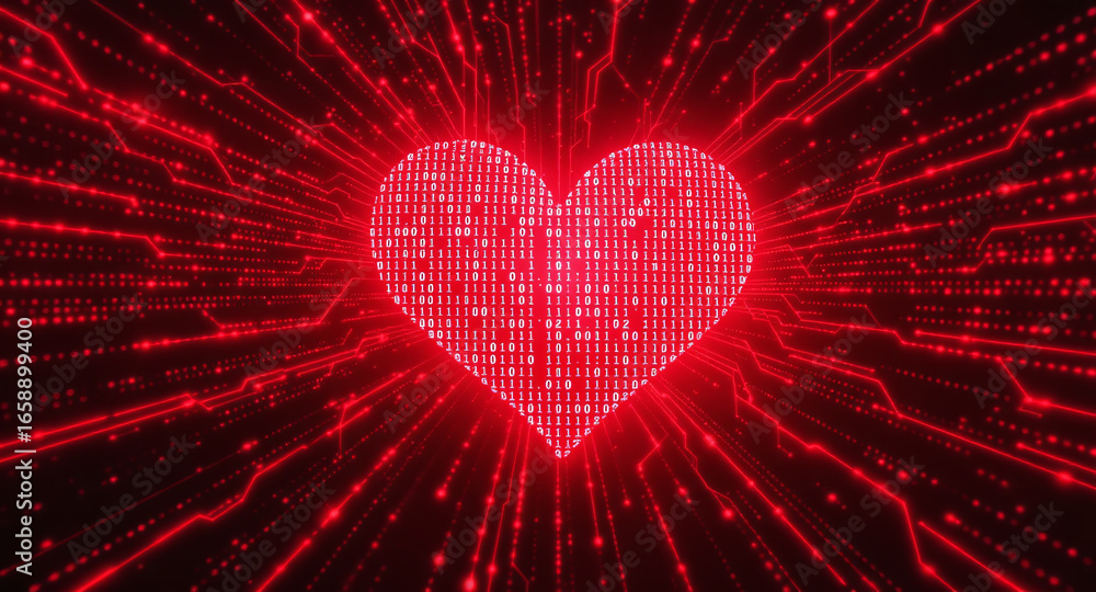 Poster glowing digital heart made of red code streams, binary data. futuristic, abstract design represents 