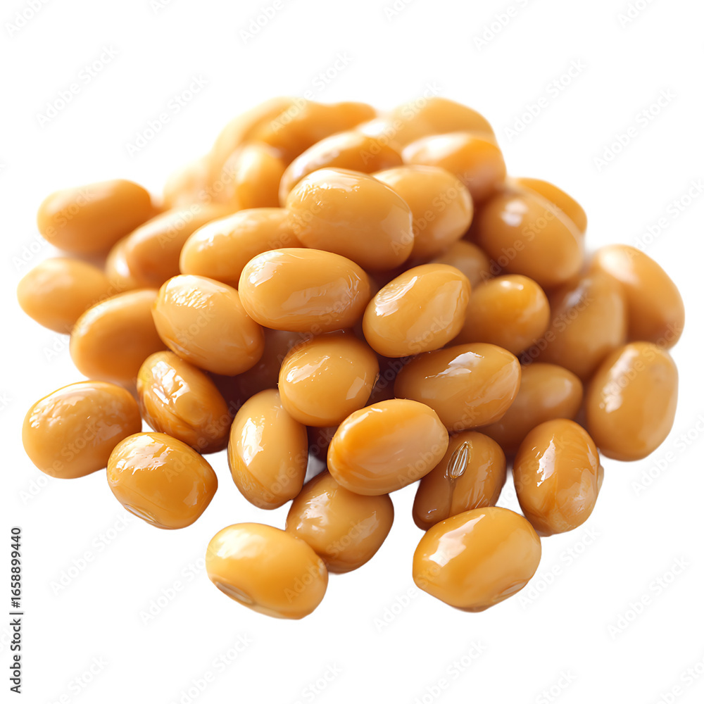 Poster pile of tan soybeans with smooth glistening surfaces against black background the beans are densely 