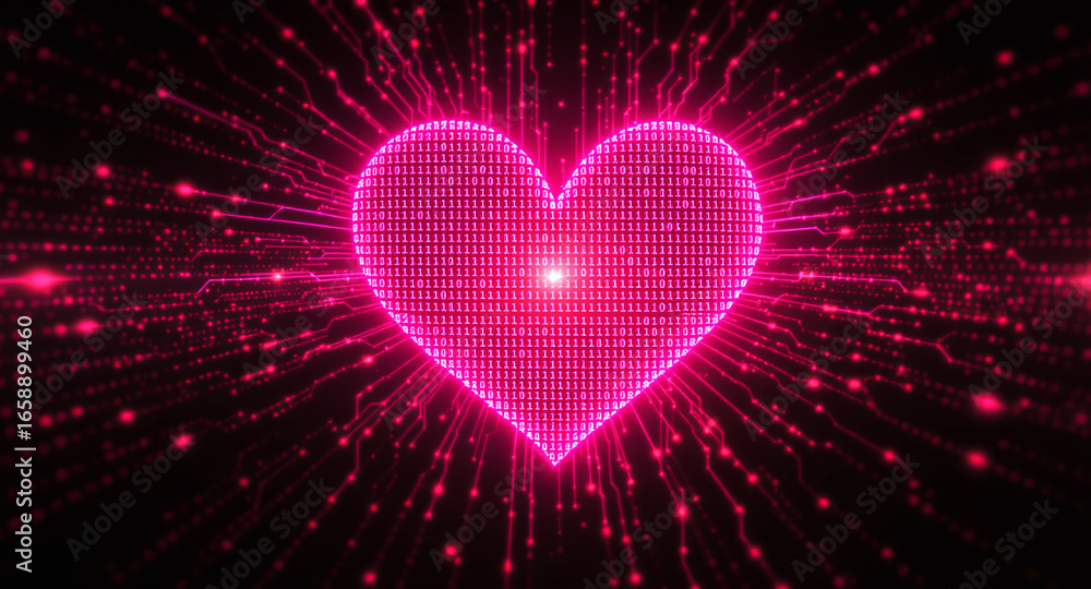 Poster glowing digital heart made of red code streams, binary data. futuristic, abstract design represents 
