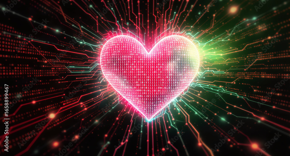 Poster glowing digital heart made of red code streams, binary data. futuristic, abstract design represents 