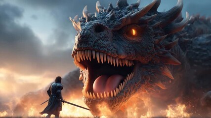 Fantasy knight facing giant fire breathing dragon in epic battle scene with glowing eyes burning ground and dramatic sunset sky medieval warrior in armor holding sword - Powered by Adobe