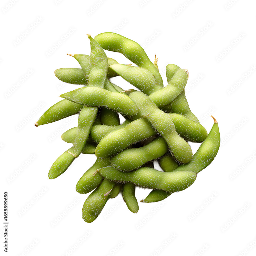 Poster edamame pods are stacked in a pile of green each pod is covered in small hairs and has a bean shape 