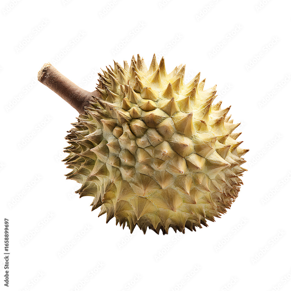 Poster a spiky durian fruit with a stem on a black background the durian has a light tan color and sharp tr