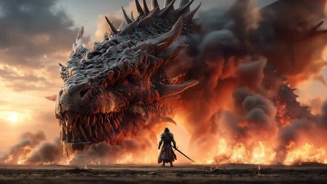 Fantasy knight facing giant fire breathing dragon in epic battle scene with glowing eyes burning ground and dramatic sunset sky medieval warrior in armor holding sword