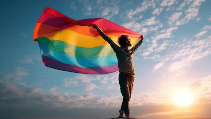 Young man holding a waving LGBT flag against a sunset sky symbolizing pride freedom identity and support for the LGBTQ community - Powered by Adobe