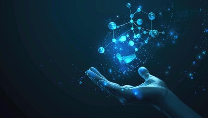 Hand holding glowing network, innovation, dark background, future technology concept