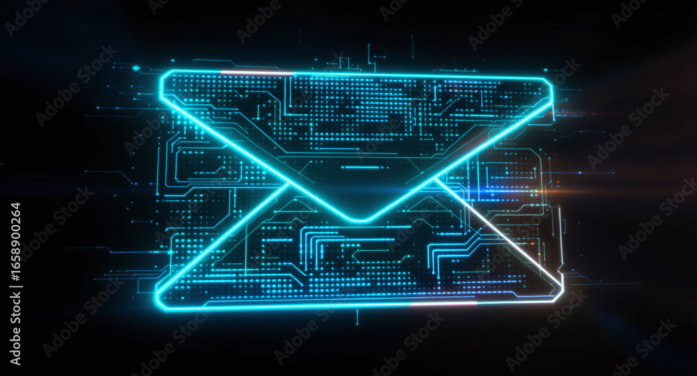 Poster high-tech glowing envelope email interface in dark background, digital security access panel, sci-fi