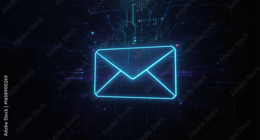 Poster high-tech glowing envelope email interface in dark background, digital security access panel, sci-fi