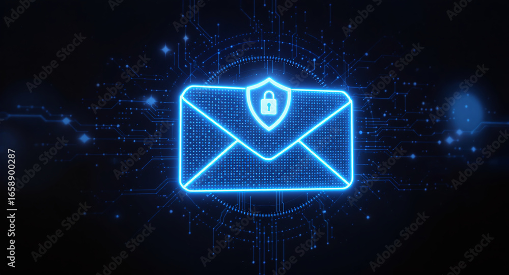Poster high-tech glowing envelope email interface in dark background, digital security access panel, sci-fi