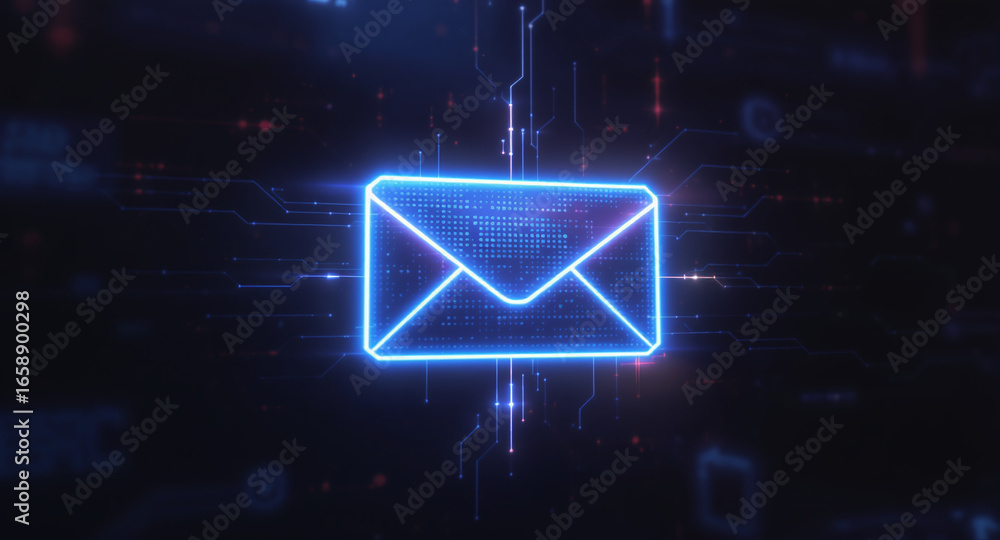 Poster high-tech glowing envelope email interface in dark background, digital security access panel, sci-fi