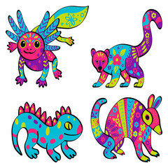 Cute Alebrije Animals, Mexican Folk Art Featuring fantasy versions of a coati, axolotl, armadillo, and iguana, each decorated with traditional otomi Mexican motifs