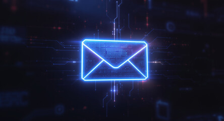 high-tech glowing envelope email interface in dark background, digital security access panel, sci-fi design