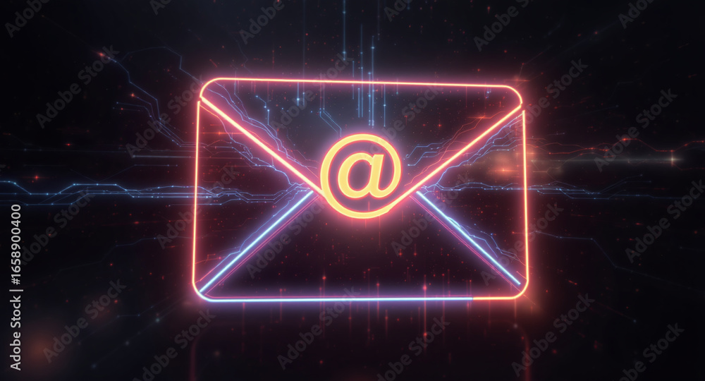 Poster high-tech glowing envelope email interface in dark background, digital security access panel, sci-fi