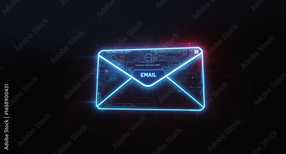 Poster high-tech glowing envelope email interface in dark background, digital security access panel, sci-fi