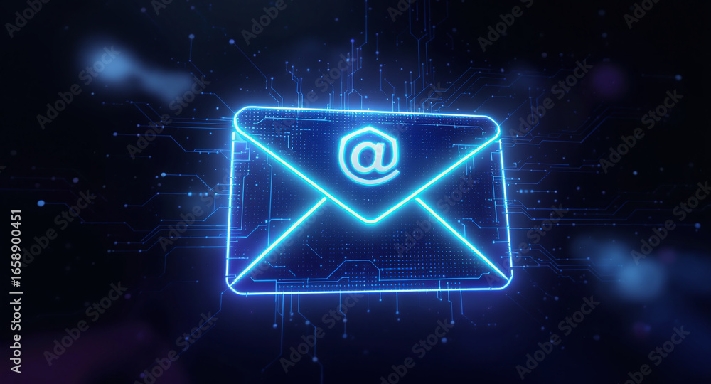 Poster high-tech glowing envelope email interface in dark background, digital security access panel, sci-fi