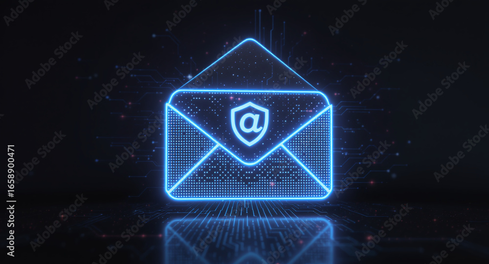 Poster high-tech glowing envelope email interface in dark background, digital security access panel, sci-fi