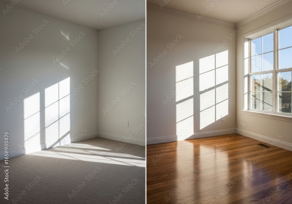 Poster brightly lit empty room with sunbeams streaming through large windows creating patterns on floor ill