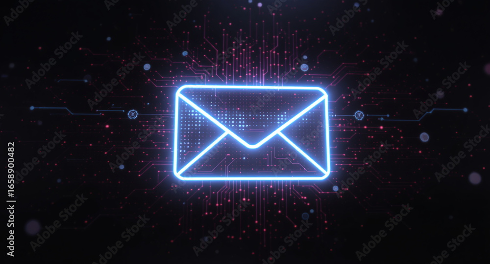 Poster high-tech glowing envelope email interface in dark background, digital security access panel, sci-fi