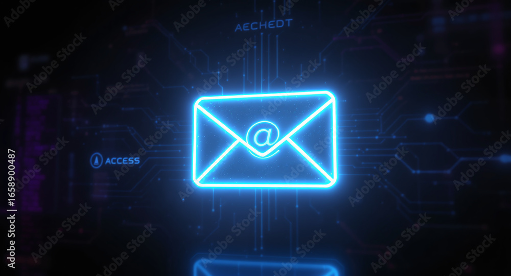 Poster high-tech glowing envelope email interface in dark background, digital security access panel, sci-fi