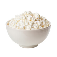 Creamy cottage cheese in a simple white bowl photographed against a dark backdrop A delicious and healthy dairy snack or ingredient