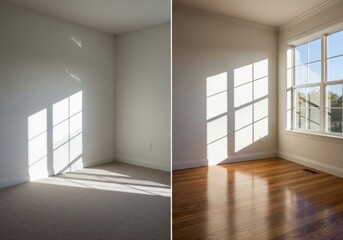 Brightly lit empty room with sunbeams streaming through large windows creating patterns on floor illustration
