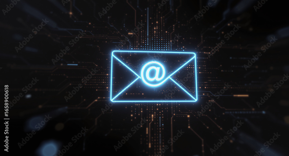 Poster high-tech glowing envelope email interface in dark background, digital security access panel, sci-fi