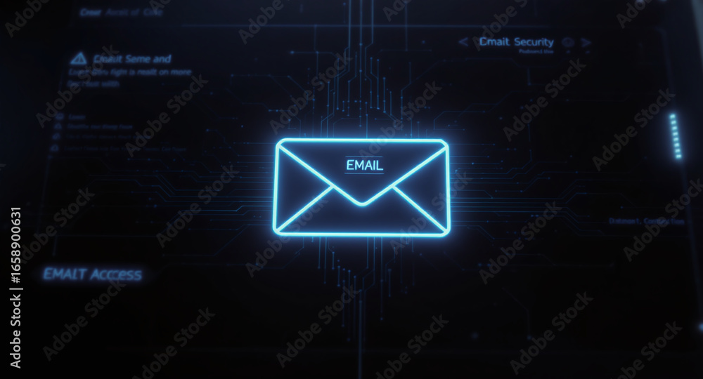 Poster high-tech glowing envelope email interface in dark background, digital security access panel, sci-fi