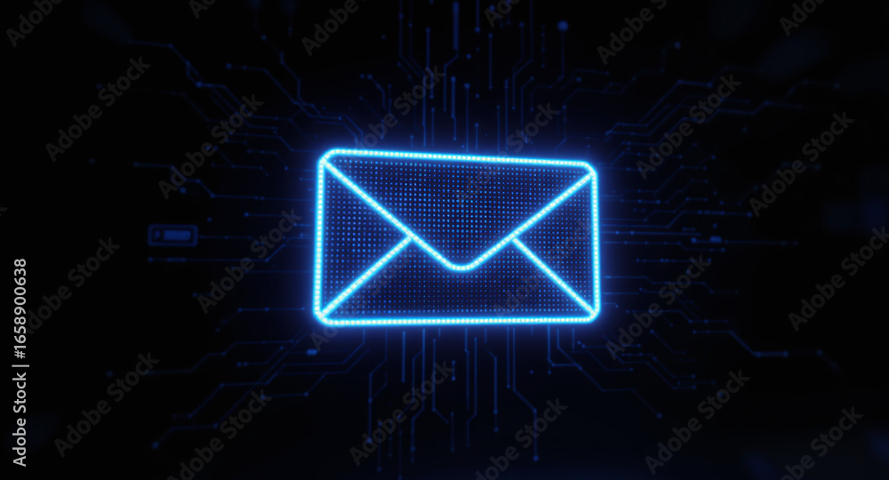 Poster high-tech glowing envelope email interface in dark background, digital security access panel, sci-fi