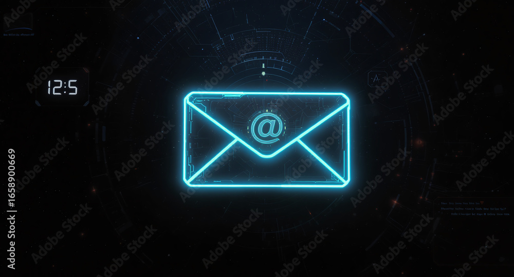 Poster high-tech glowing envelope email interface in dark background, digital security access panel, sci-fi